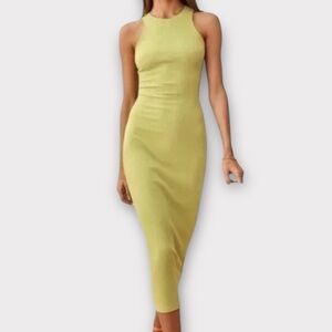 Reformation Women’s Dress Large Ribbed Bodycon Midi Lime Feminine Organic Blend